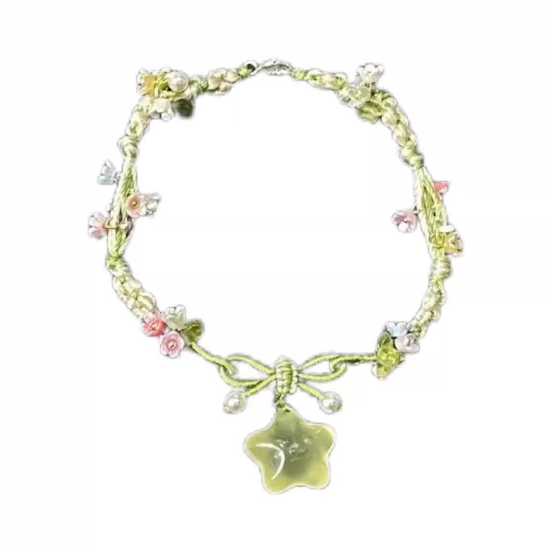 Summer icy little star green crystal multicolor flower braided necklace bracelet - versatile, unique, sweet, and cute accessory
