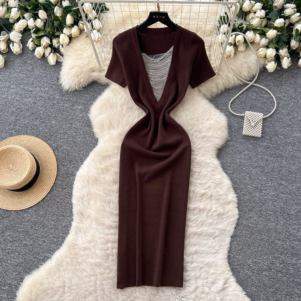 K-style square collar knitting casualcasualdress women's short-sleeved a-line skirt work clothingslimming lookelegantsexy skirt