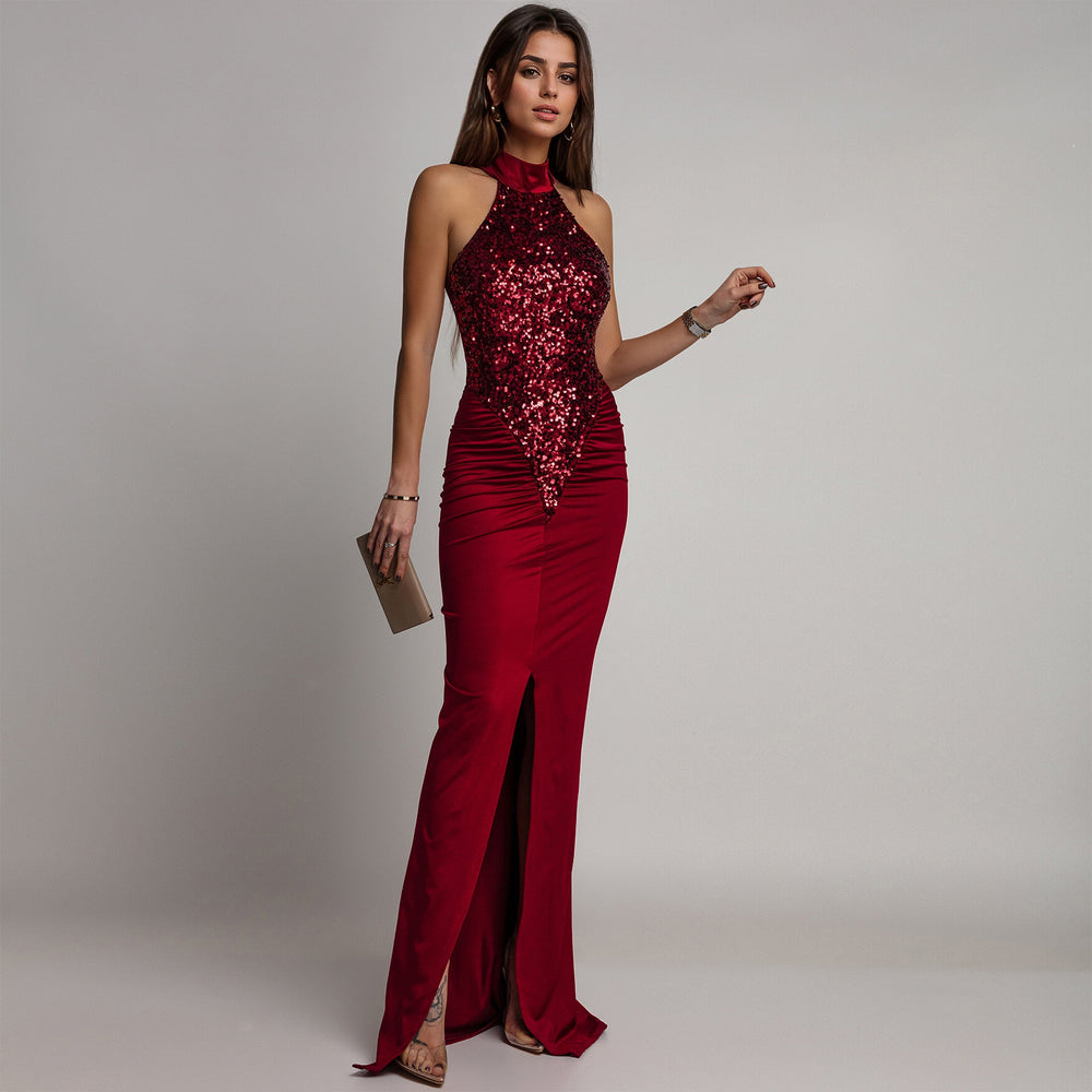 C7602 cross-border   fashion women's sexy slim-fit sequin velvet slit dress