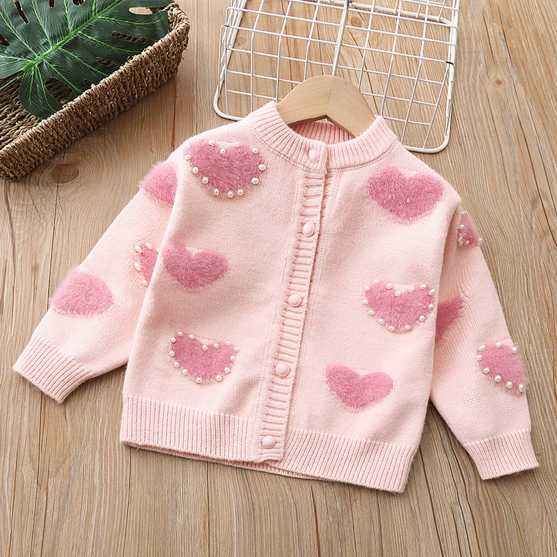 Girls' knitted sweater -  new style baby girl pearl heart pullover cardigan - sweetheart princess fashion top