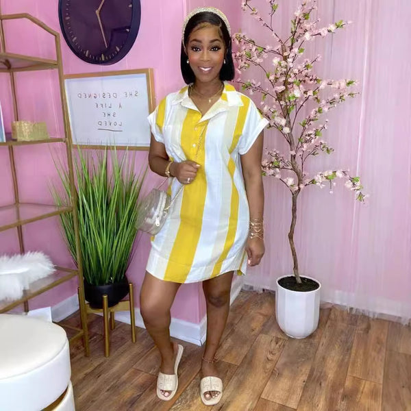 Y5192 summer new European and American women's clothing striped digital printing casual shirt dress
