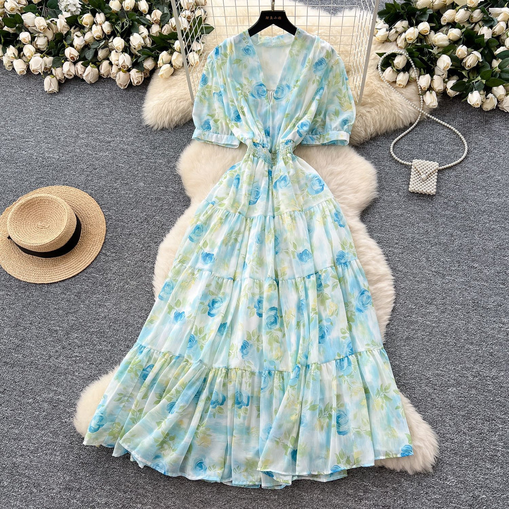 Frenchretrov neck puff sleeve floral chiffon dress women's summer dress waist elegant slit ruffles long skirt