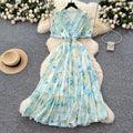 Frenchretrov neck puff sleeve floral chiffon dress women's summer dress waist elegant slit ruffles long skirt