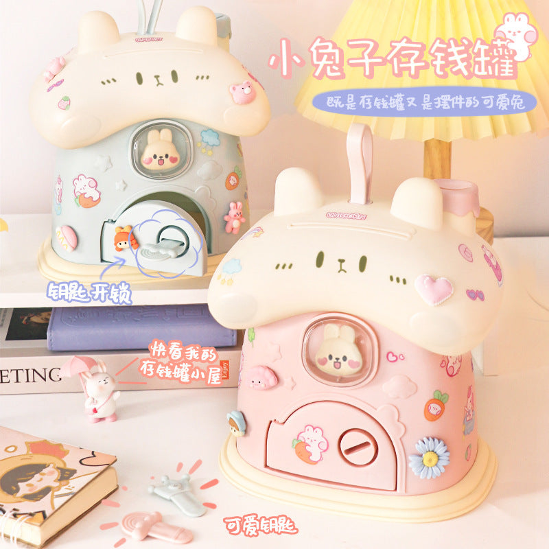 Trendy cartoon rabbit piggy bank - cute kids' creative house design, large capacity, easy access