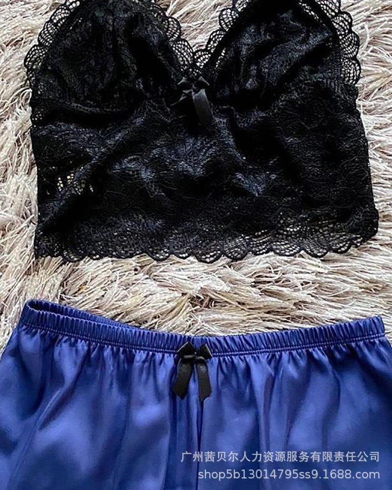 Spot  2021 European and American new royal blue sexy lace suspender set pajamas