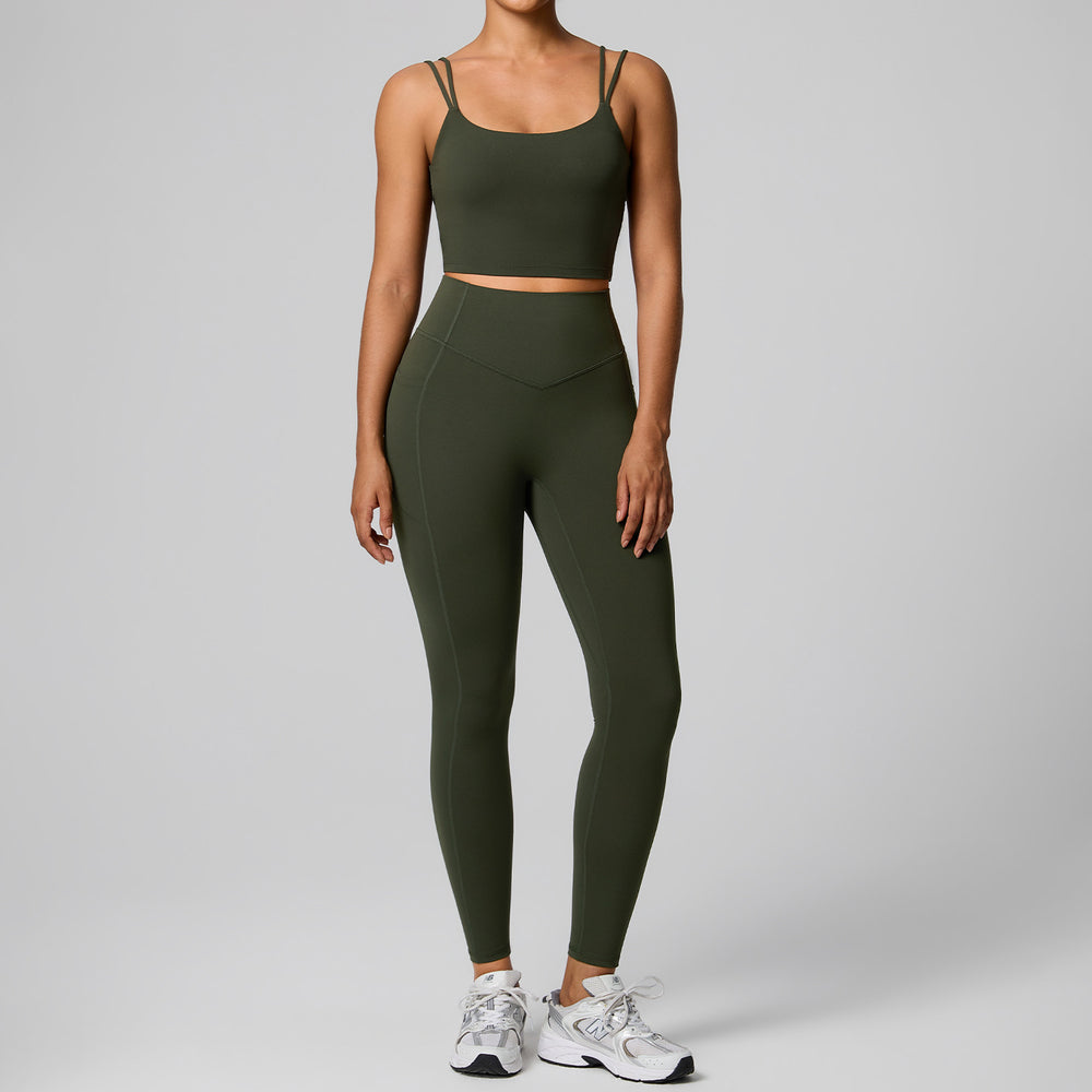 high waistflap pocket pants sportswear two-piece set women's high elastic shaping quick-drying fitness clothes running yoga clothes suit