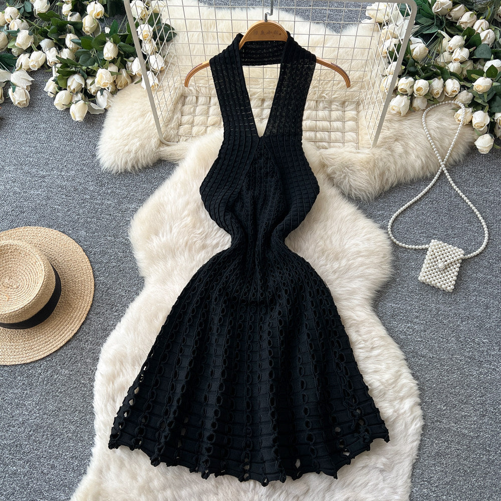 K-style sleeveless halter neck knittingsense of designdress women's summer sexybacklesscut outslimming look a-line skirtaccessible luxury