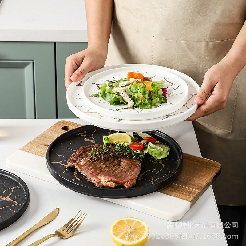 Steak plate marble ceramic western food plate hotel restaurant special plate steak plate with edge pizza plate wholesale