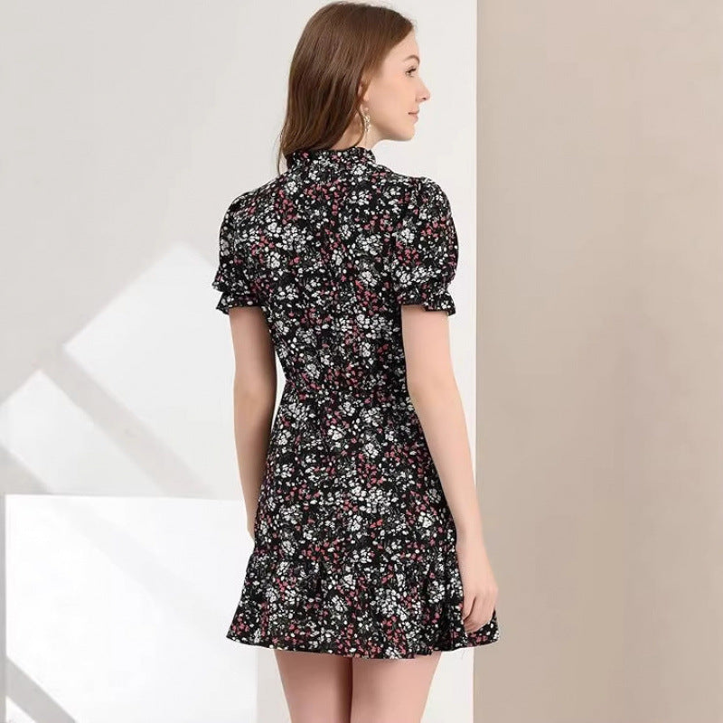 Amazon fashion ruffles bow tie chiffon floral dress  summer new arrival puff sleeve skirt