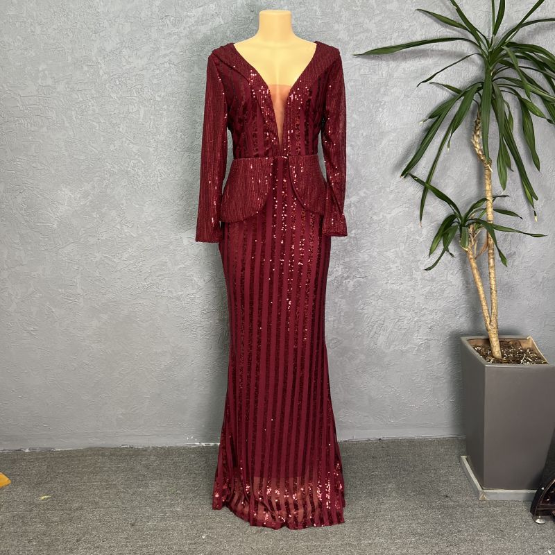 African cross-border  new arrival sequinfashion women's three-quarter sleeve fishtail long skirt sleeve fashion evening wear fashion