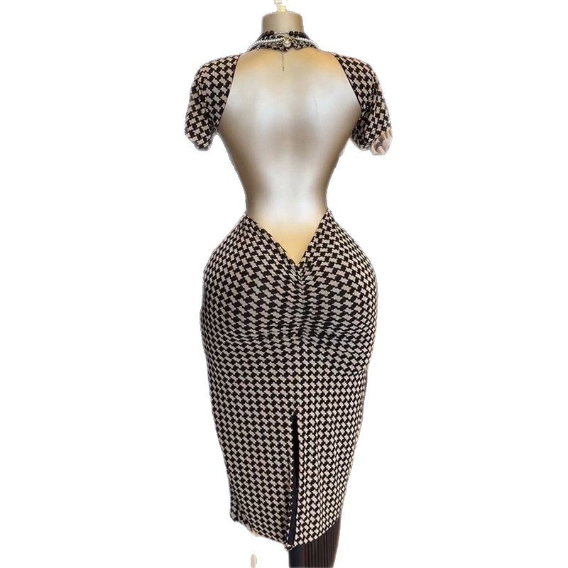 European and american cross-border women's fashion:  summer new arrivals - sexy backless houndstooth slim-fit bodycon short-sleeve dress
