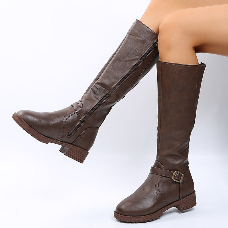Women's leather boots for export -  spring/autumn new collection: zippered low-heel over-the-knee boots, european & american style, knight boots, high-top women's boots
