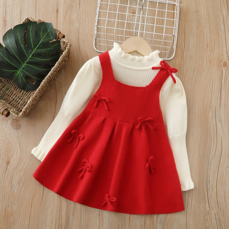 Baby girl knit sweater bowknot suspender set - new  autumn/winter two-piece dress set for girls