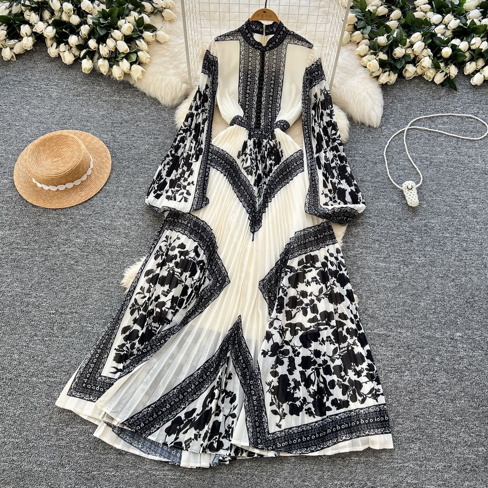 Miuccia prada-inspired pleated dress - women's spring  collection: high-end european & american style, high-waisted, slimming, printed, pleated maxi dress