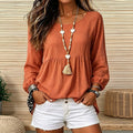 Export holiday style doll textured linen round neck cuff long sleeves pleated hem loose pullover shirt