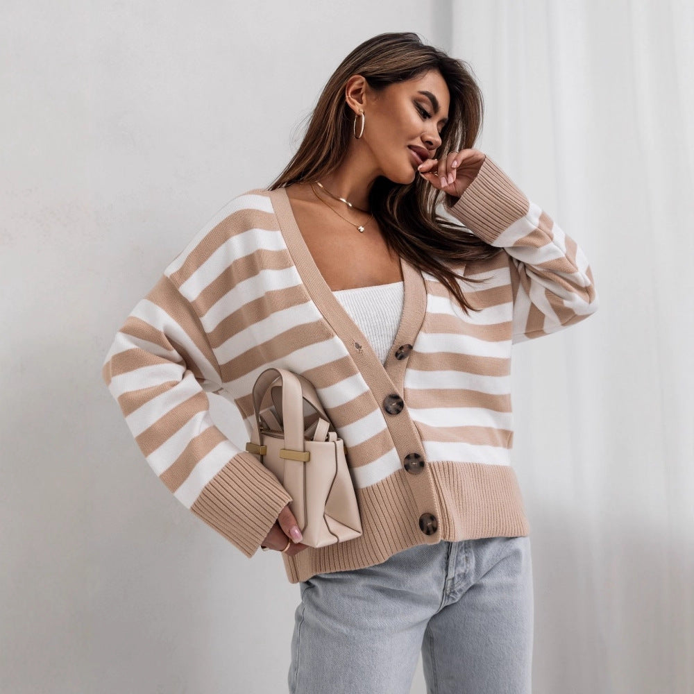 Europe, America,  autumn and winter new striped threaded knitted cardigan women's casual lazy versatile women's sweater