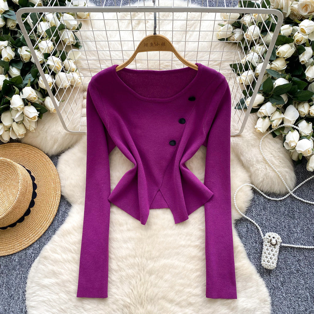 Long sleevesknitting shirt for women autumnew arrivalsense of designniche style slit button round neck long sleevesilm bottom shirt