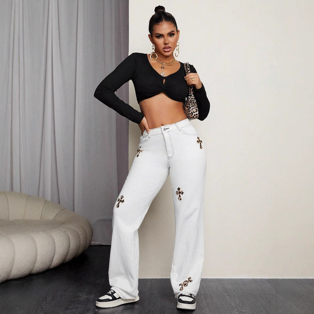 Pre-sale-65723# cross-border foreign trade women's fashion ins straight-leg casual leopard print cross jeans
