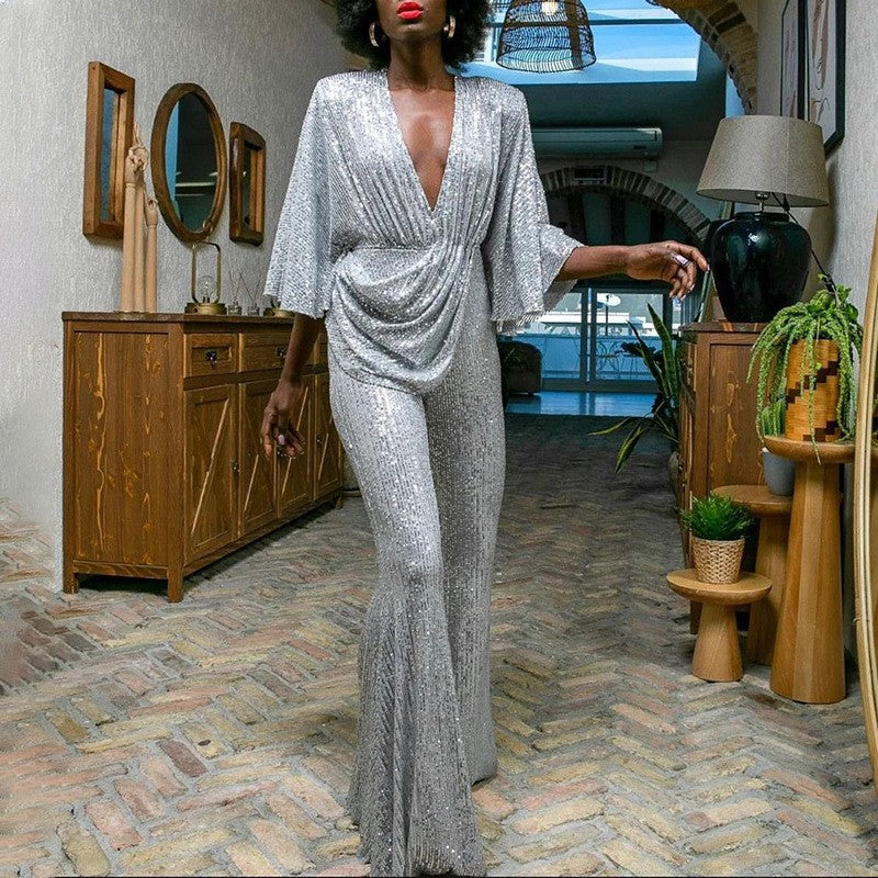 european and american new women's fashion: sequin sexy deep v backless jumpsuit pants - direct sales for  &