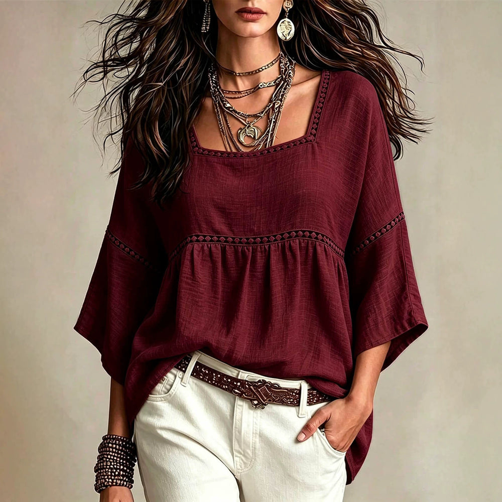 European and american bohemian style plus size women's square neck hollow-out lace trim loose babydoll top with three-quarter sleeves