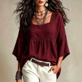 European and american bohemian style plus size women's square neck hollow-out lace trim loose babydoll top with three-quarter sleeves