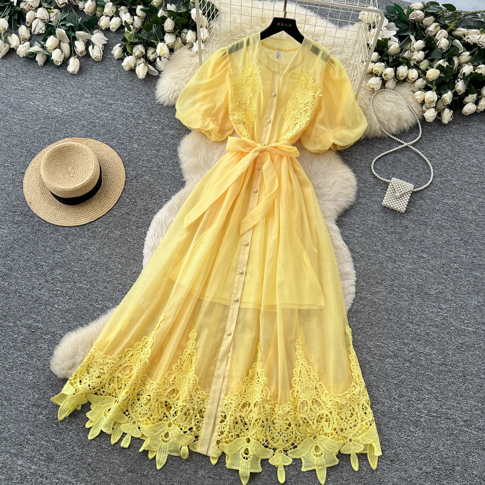 French romantic puff sleeve lace dress - women's summer tie-waist, breathable, figure-flattering a-line maxi dress - elegant style