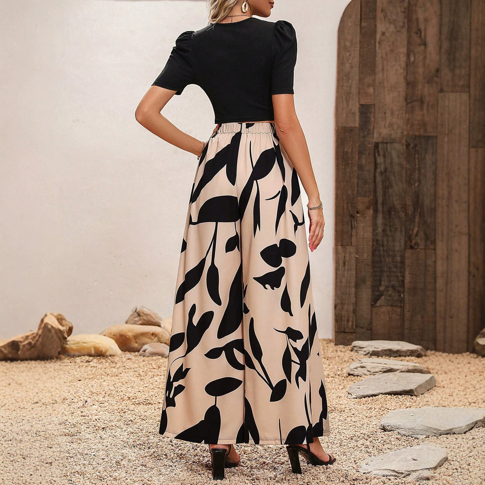 Amazon fashion cross-border women's black puff sleeve cropped top + botanical print wide-leg pant set