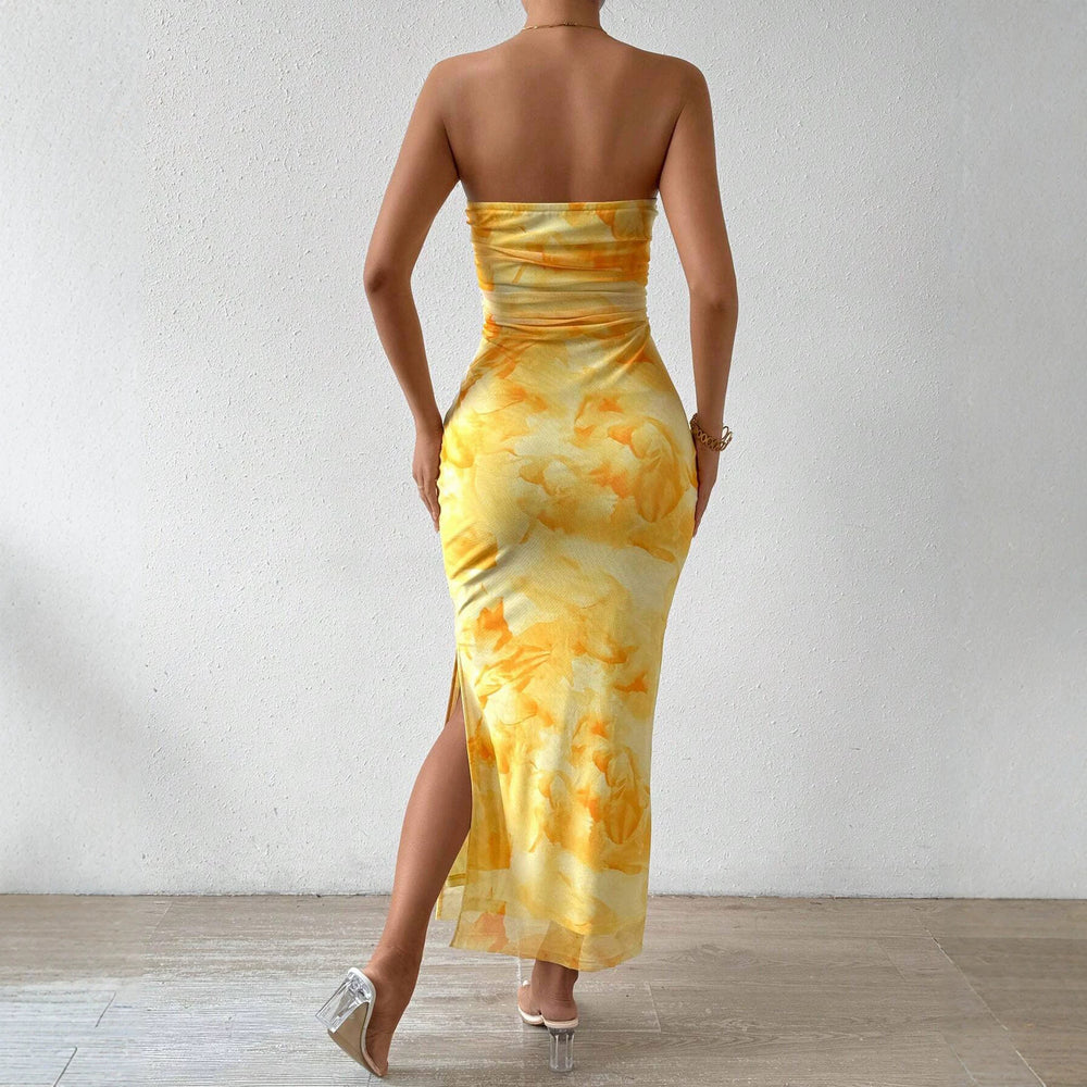 women's tk mesh printingdress spring and summer new arrivalhigh waist silm slit tube top hip skirt
