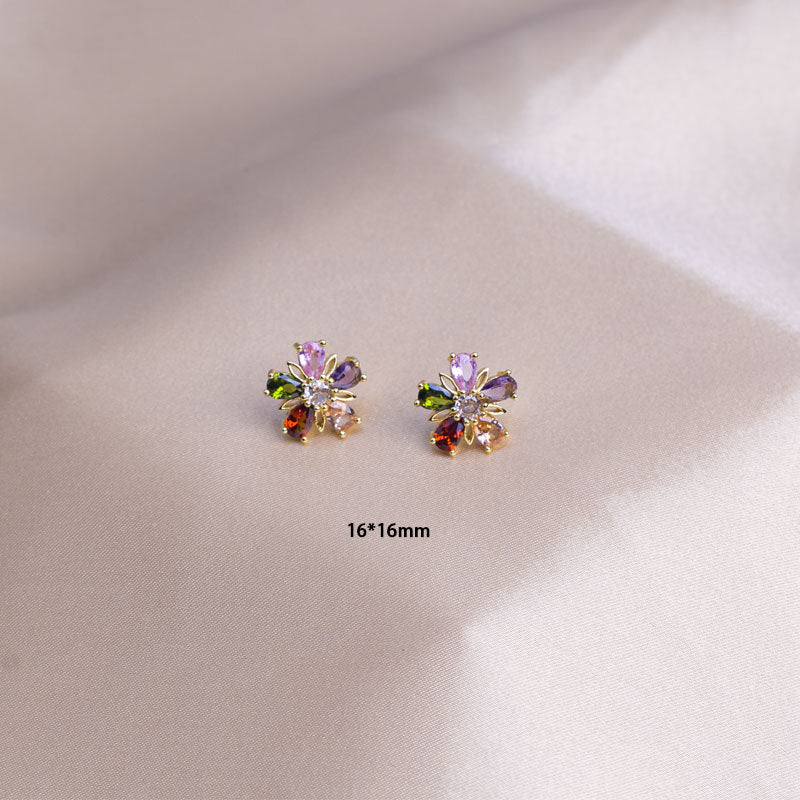 [titanium steel] necklace women's gemstone flower pendant ring earrings suit classy niche clavicle chain earrings jewelry