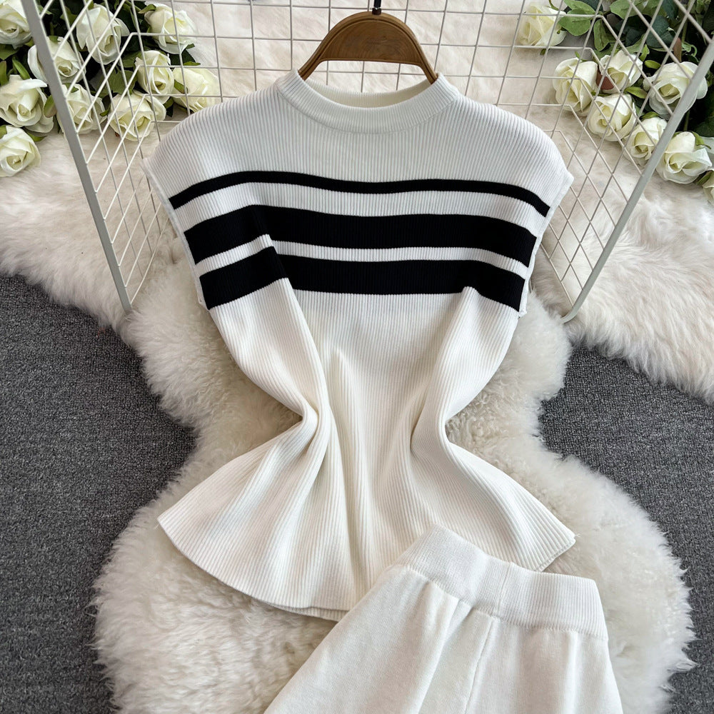 Fashionsuitfemalek-style sleevelesssilmknittingtopstwo-piece setcasualhigh waistslimming lookstraight-legloose pants