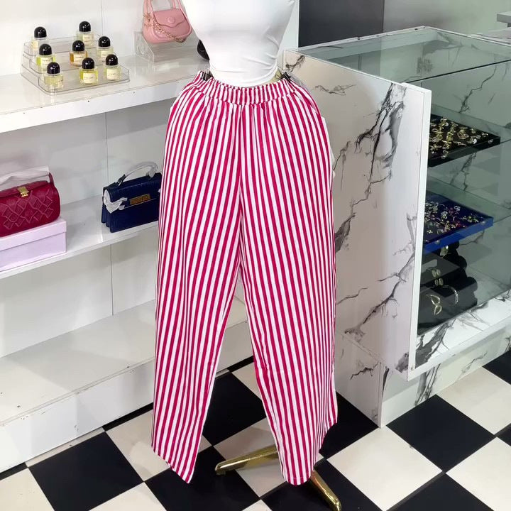 European and american cross-border women's clothing  summer new arrival: elegant casual color block striped turn-down collar shirt and high-waisted pants set