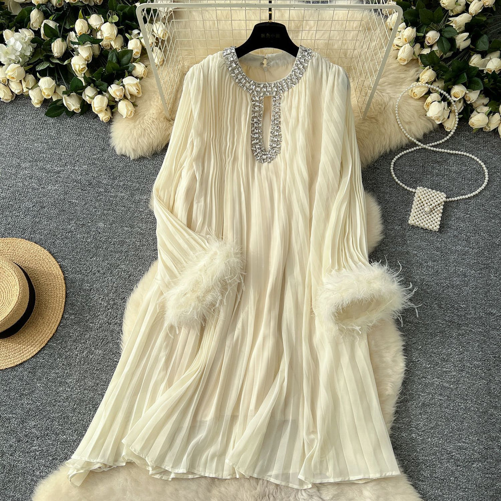 autumn european and american style round neck rhinestone embellished cutout feather trim long sleeve pleated mini dress - relaxed fit