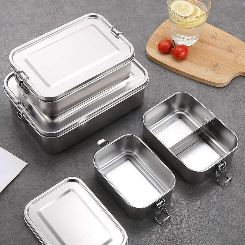 Outdoor 304 stainless steel square lunch box with snap-lock lid, food-grade bento box for students and office workers, airtight meal container
