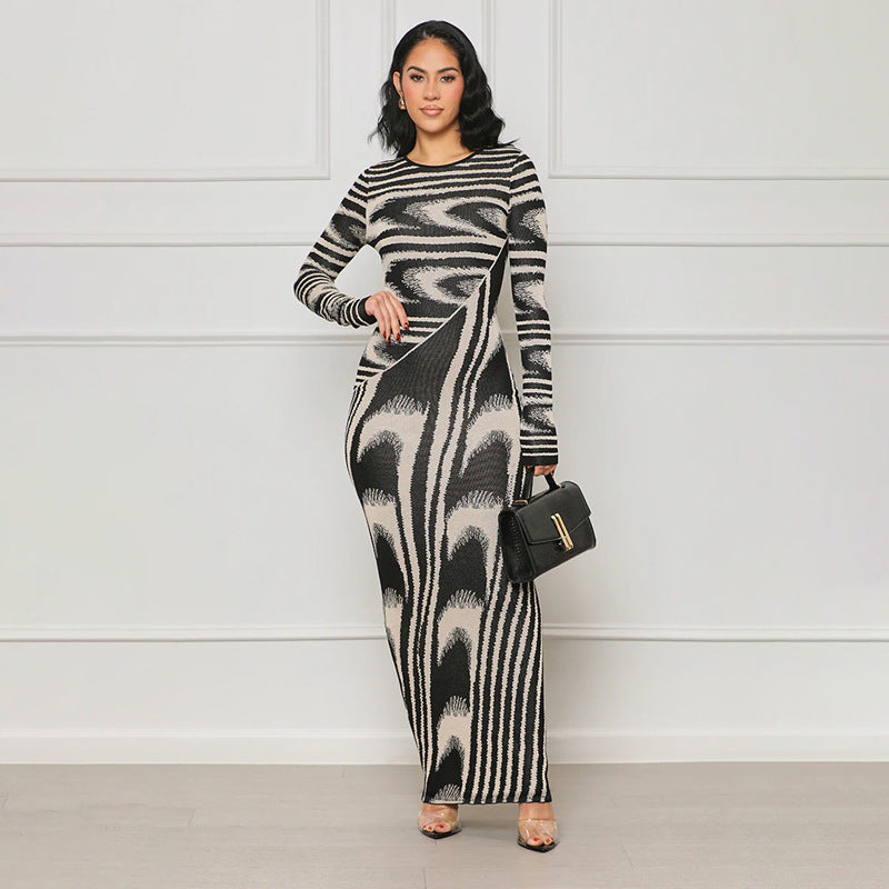 New arrivals: irregular print sexy slim-fit bodycon long sleeve dress for cross-border e-commerce