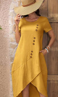 european and american cross-border  independent station new round neck button solid color short sleeve irregular dress