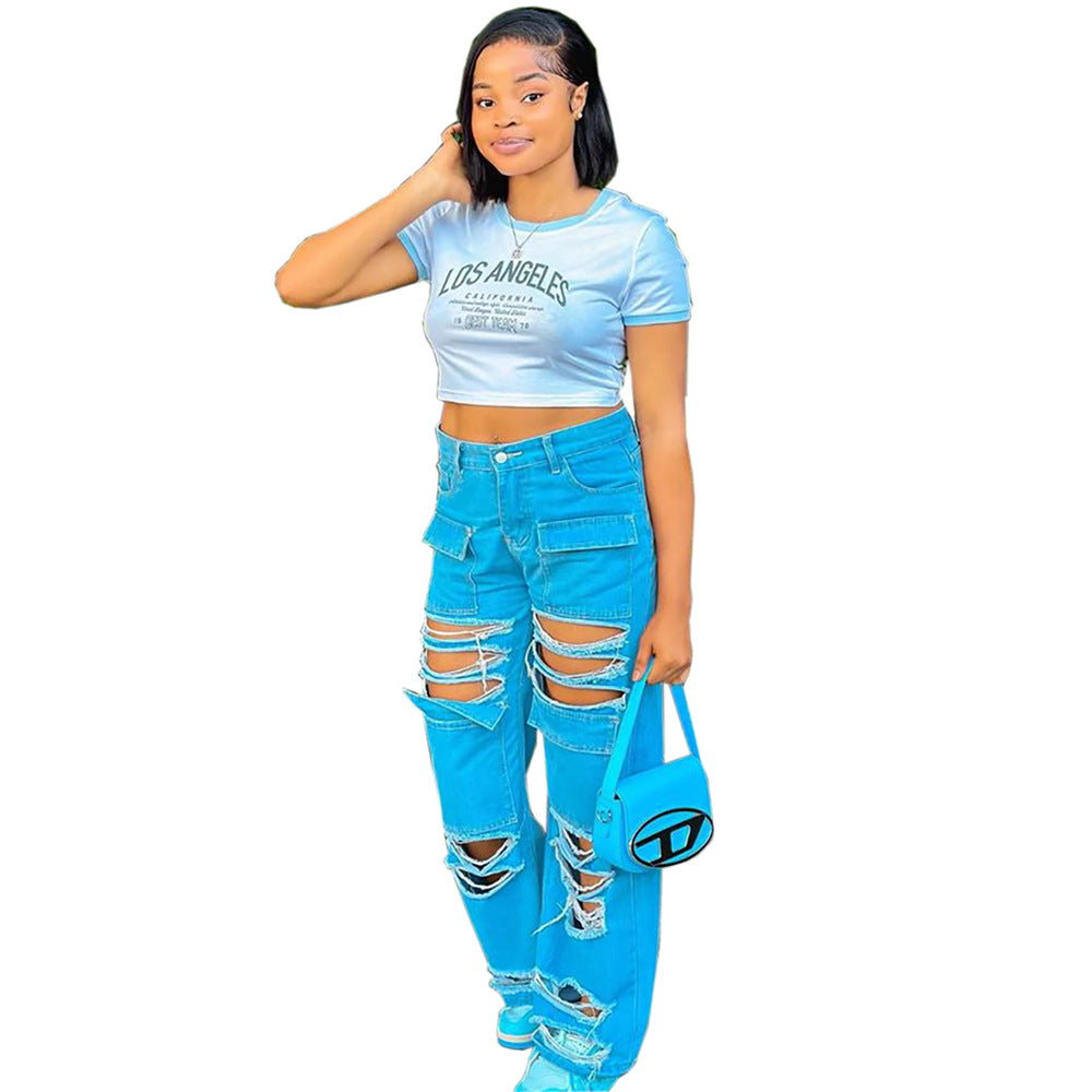 European and american cross-border women's fashion:  street style, edgy, high-waisted, distressed, multi-pocket, straight-leg jeans