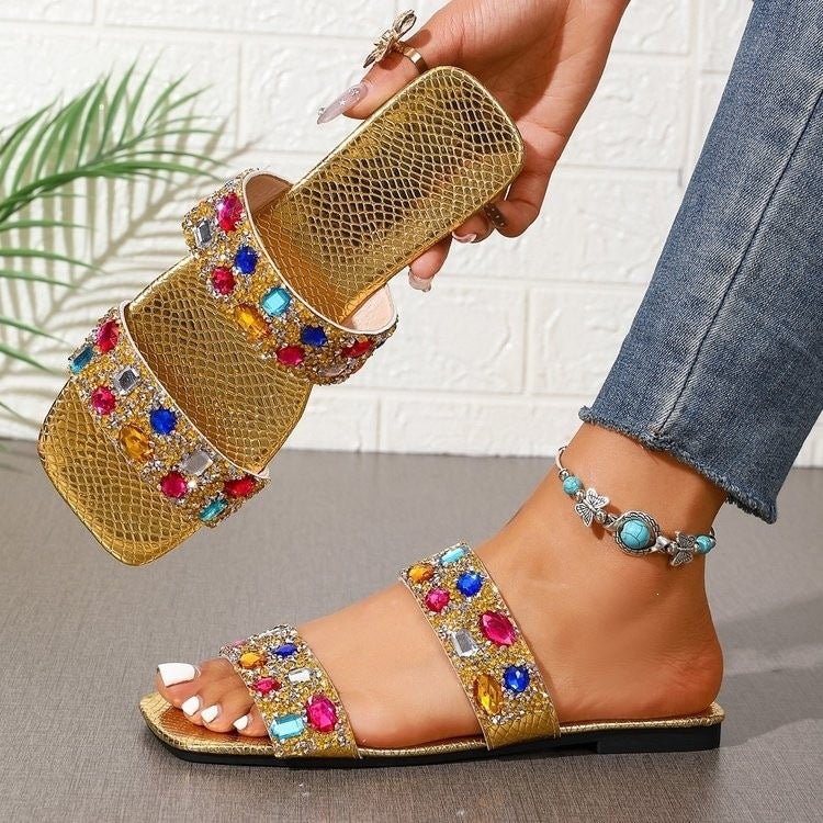 Wholesale women's plus size flat sandals:  new fashion rhinestone slingback square toe beach anti-slip slippers