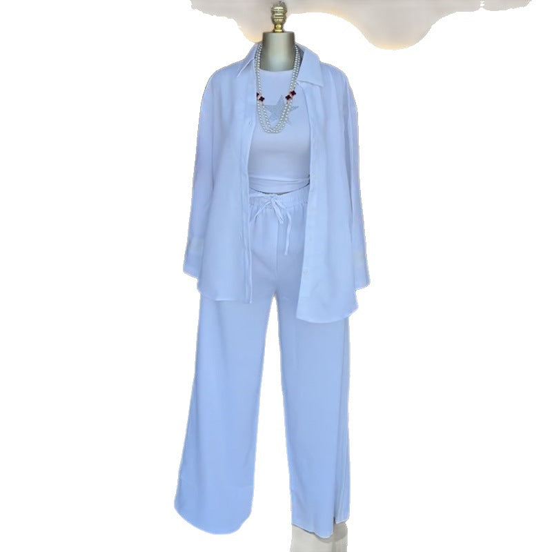 European and american cross-border women's spring  new collection: casual turn-down collar solid color loose fit long sleeve shirt and tie-waist pants set