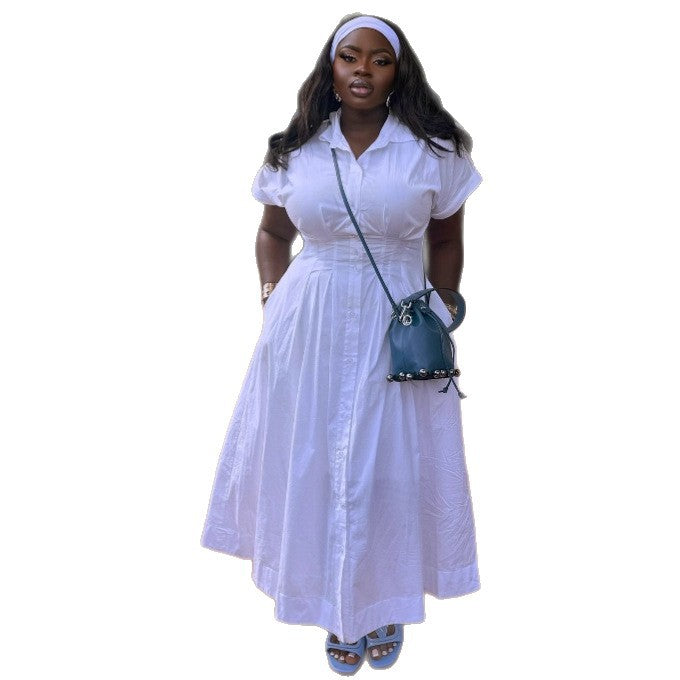 European and American large size solid color lapel short-sleeved cardigan dress women's African high waist temperament thin fashion women's dress