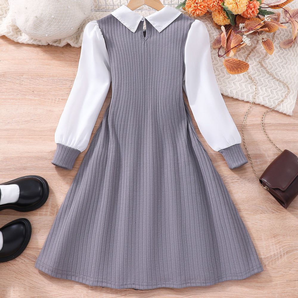 new arrival female youthlong sleeves lapel pit strip patchworkfake two-piece elegantdress