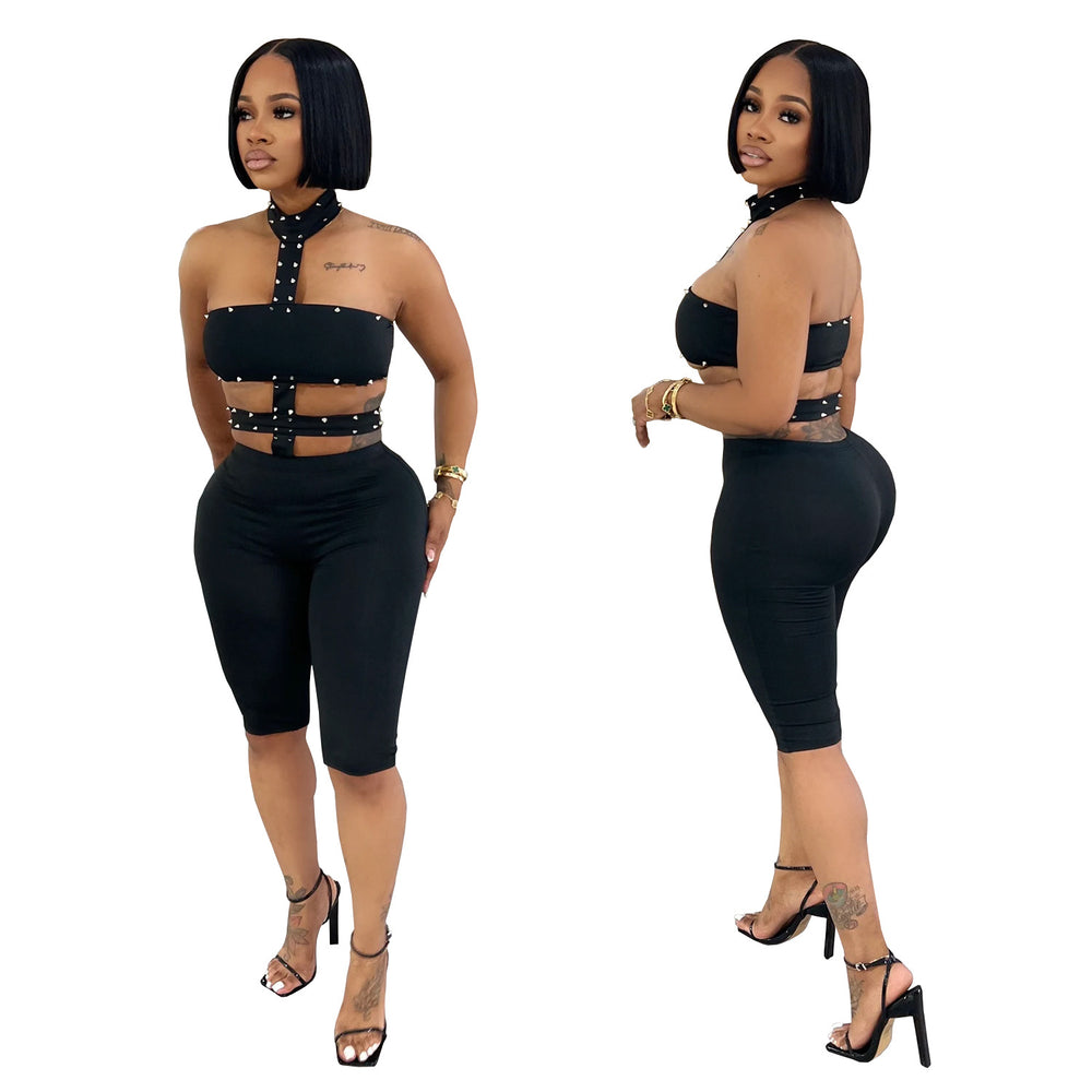 C7728 cross-border   fashion women's sexy off-shoulder beaded halter solid color jumpsuit