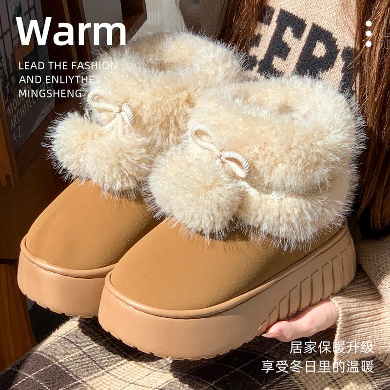 Fur ball snow boots for women winter2025new arrivalfleece-linedthickenedheattech fur thick sole short boots outwear northeast cotton shoes