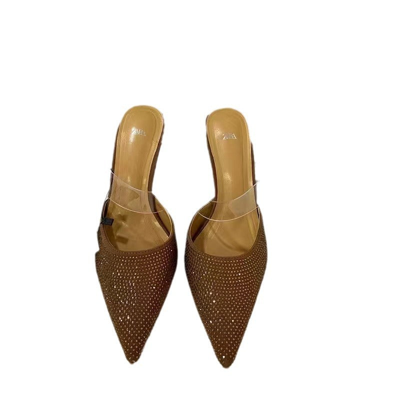 Za summer new arrivals 2024 high heels pointed toe rhinestone embellished closed toe fashionable low-cut pvc slingback stiletto sandals for women
