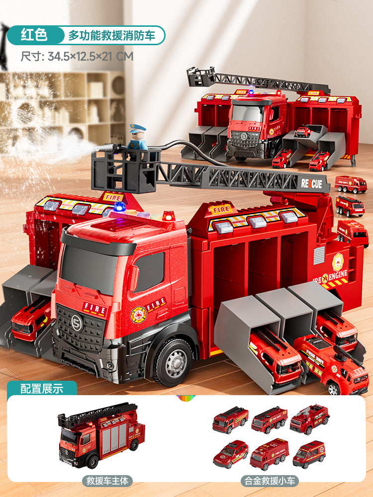 Sam's club style rescue fire truck - multifunctional parking garage with storable water spray, ejection ladder, and police car toy