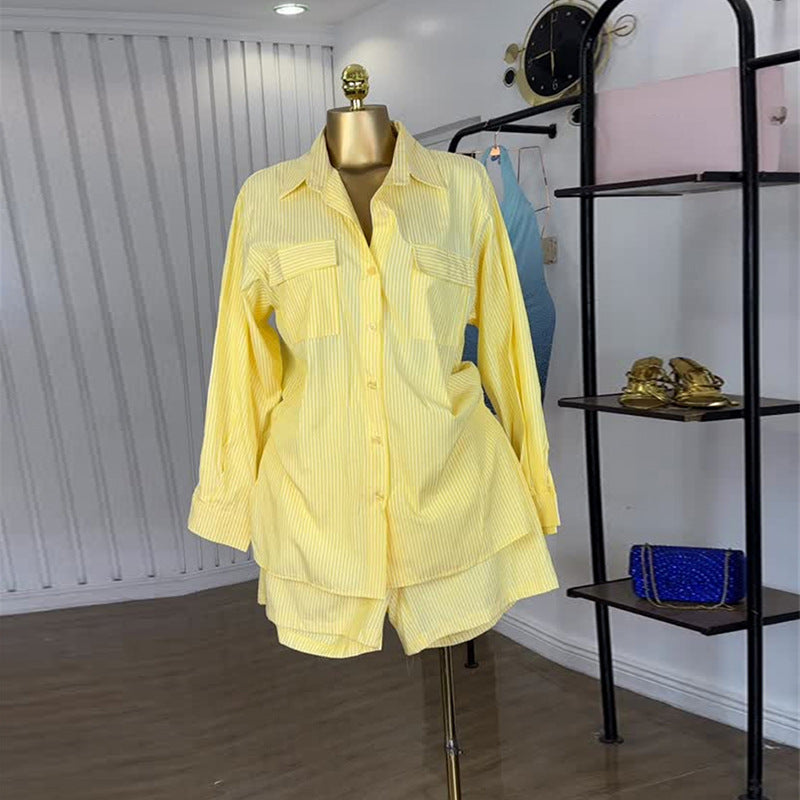 European and american cross-border women's fashion  autumn new arrival: elegant turn-down collar yellow striped long-sleeve shirt and wide-leg shorts set