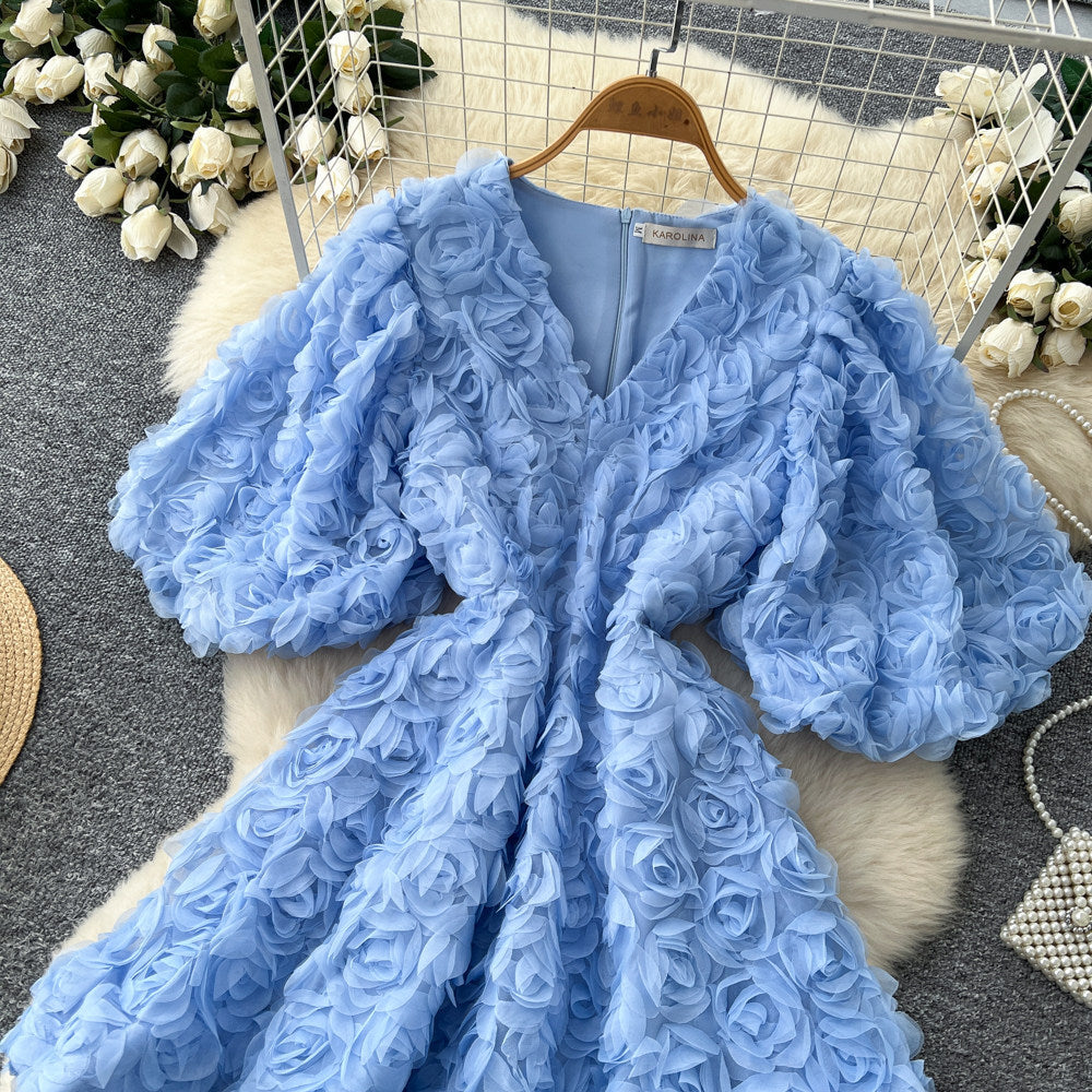 French court style v-neck lantern sleeve 3d floral dress - women's elegant a-line dress with cinched waist, princess style