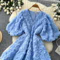 French court style v-neck lantern sleeve 3d floral dress - women's elegant a-line dress with cinched waist, princess style