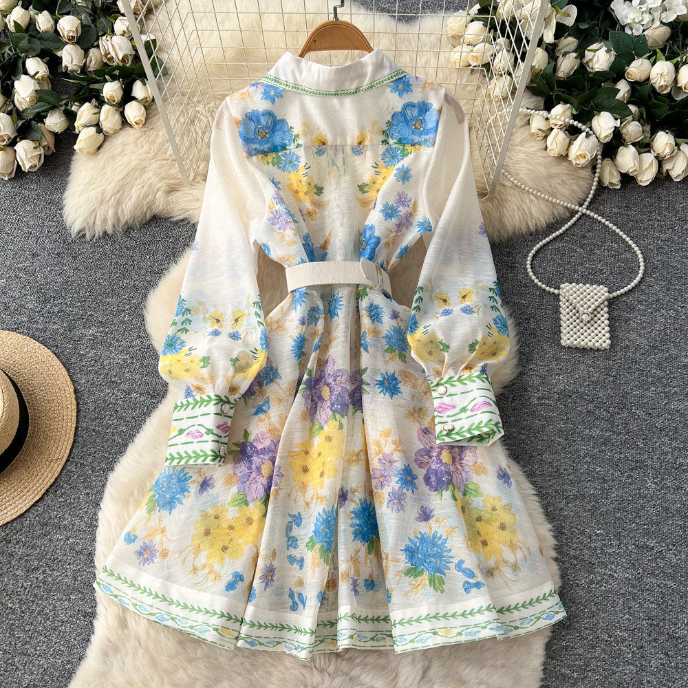 French retro print hollow-out dress - women's spring/summer long sleeve turn-down collar slimming a-line dress - vacation style