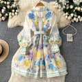 French retro print hollow-out dress - women's spring/summer long sleeve turn-down collar slimming a-line dress - vacation style
