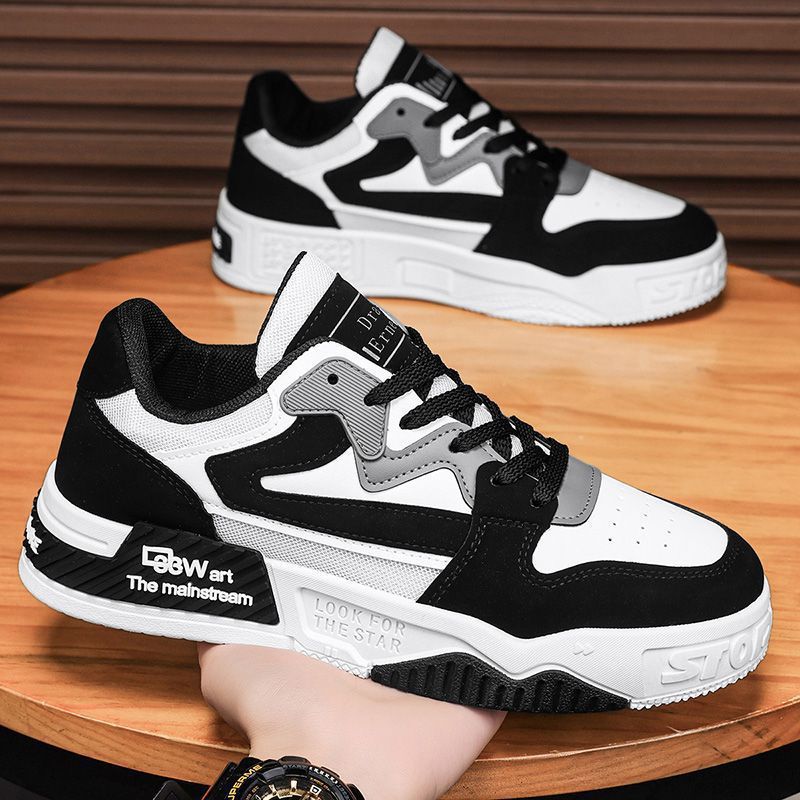 Men's spring chunky platform sneakers: waterproof, non-slip, black and white panda design, athletic casual shoes for men and teens, fashionable skate shoes